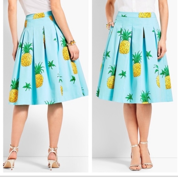 Talbots Dresses & Skirts - Talbots Pineapple Print Pleated Skirt Fit & Flare Teal Yellow Tropical size 12P